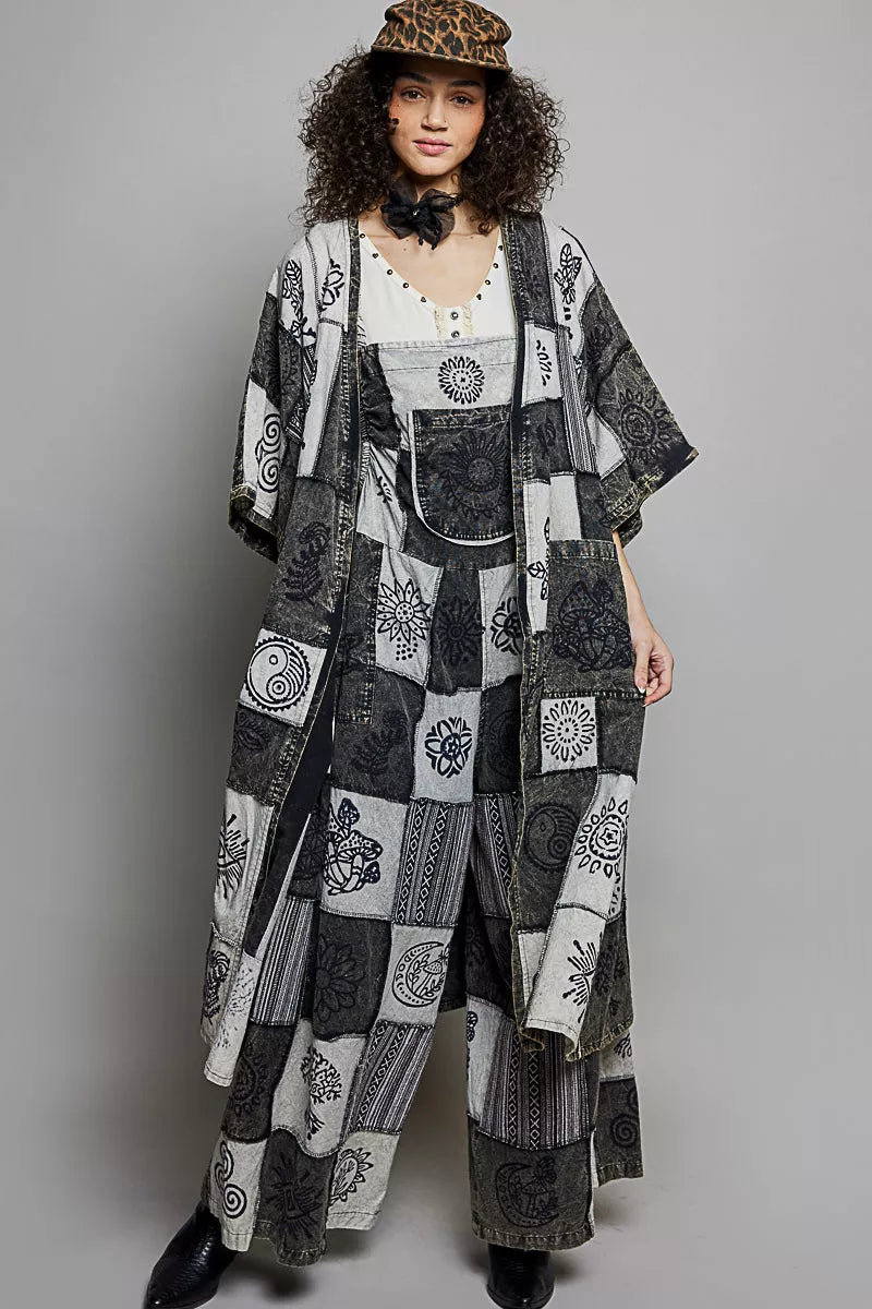 POL Open Front Printed Patchwork Longline Cardigan-3