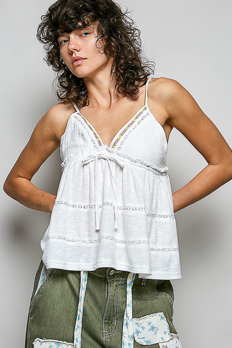 POL V-Neck Embroidered Trim Ruffled Cami-1
