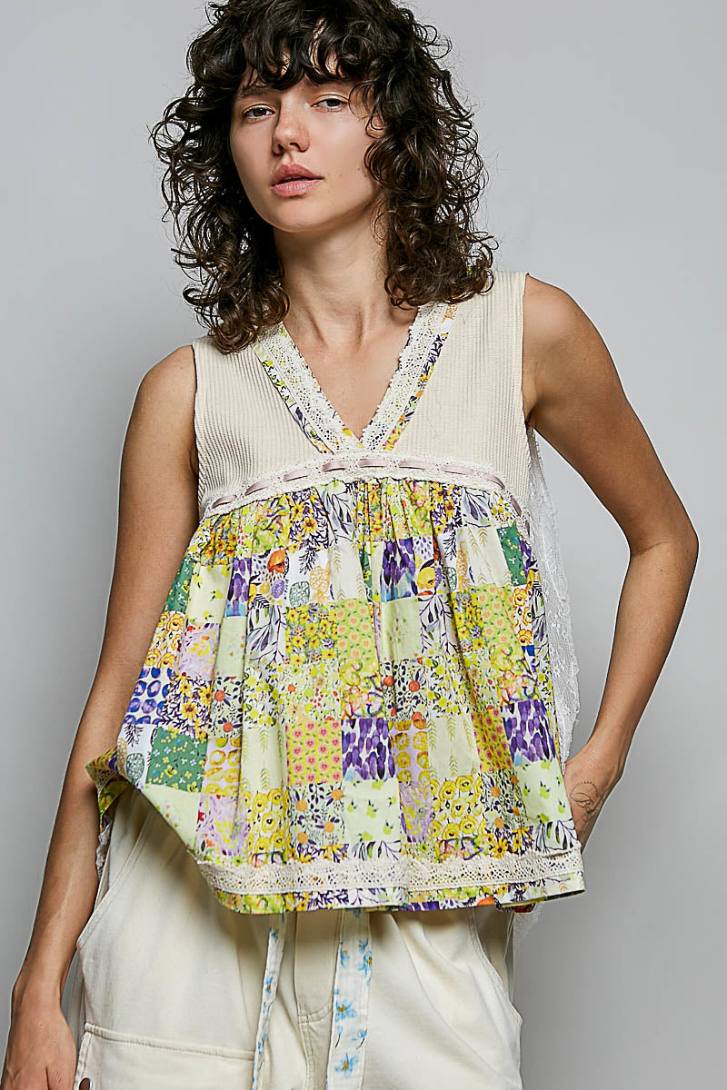 POL Floral V-Neck Sheer Tank with Lace Trim-1