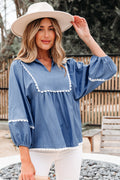 Nevaeh Lace Ric Rac 3/4 Puff Sleeve Collared Babydoll Blouse-0