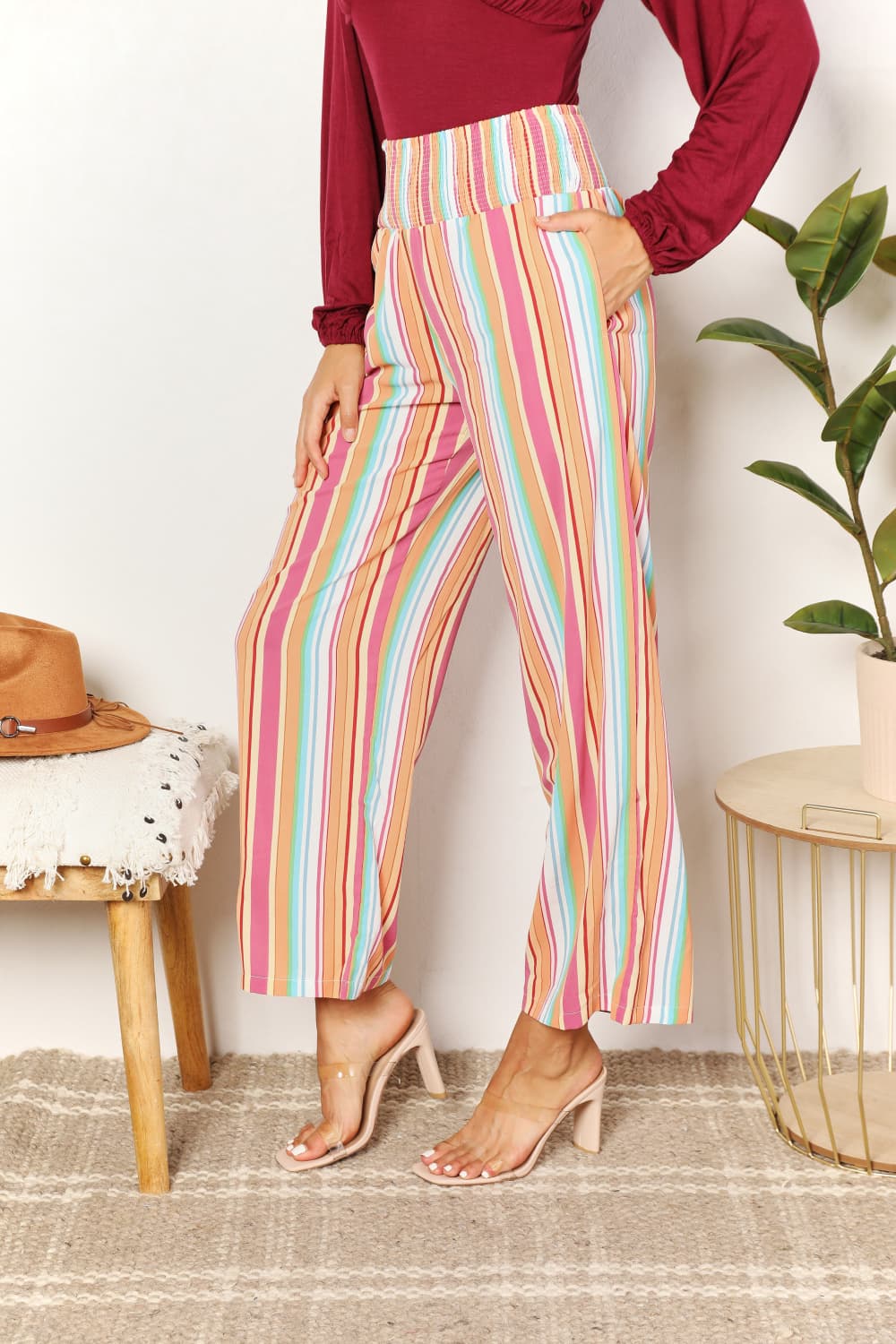 Double Take Striped Smocked Waist Pants with Pockets-2