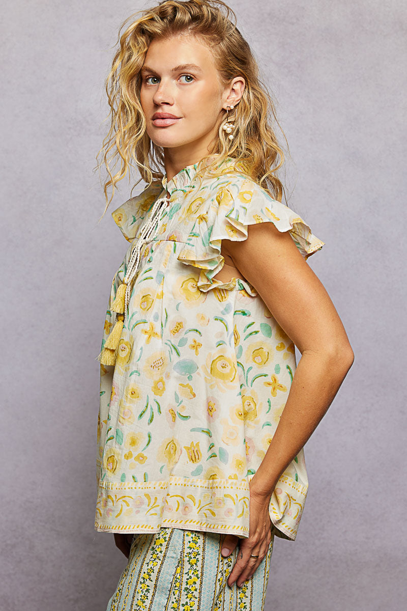 POL Tassel Tied Floral Flutter Sleeve Blouse-2