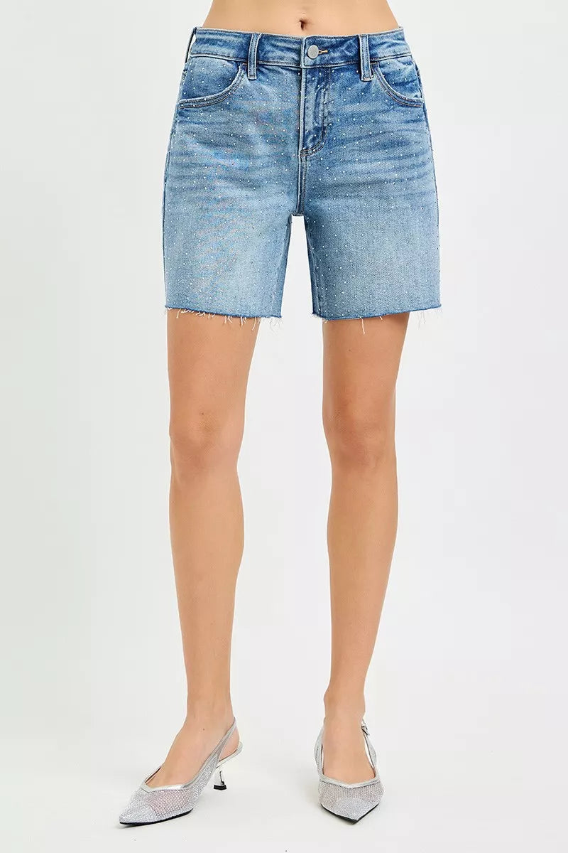RISEN Slouchy Mid Length All Over Rhinestones Shorts-3