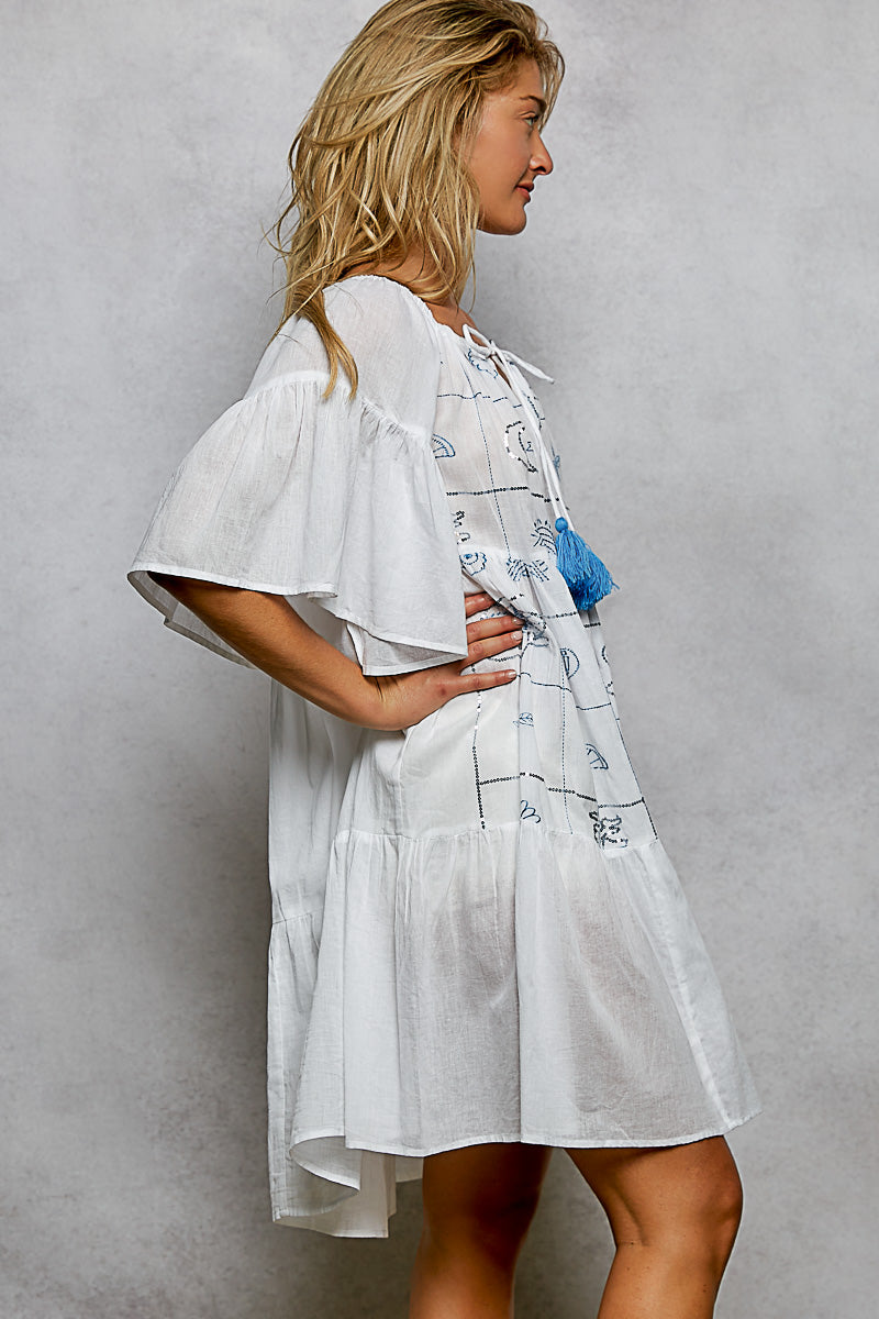 POL Tied Tassel Embroidery Half Flared Sleeve Mini Dress-2