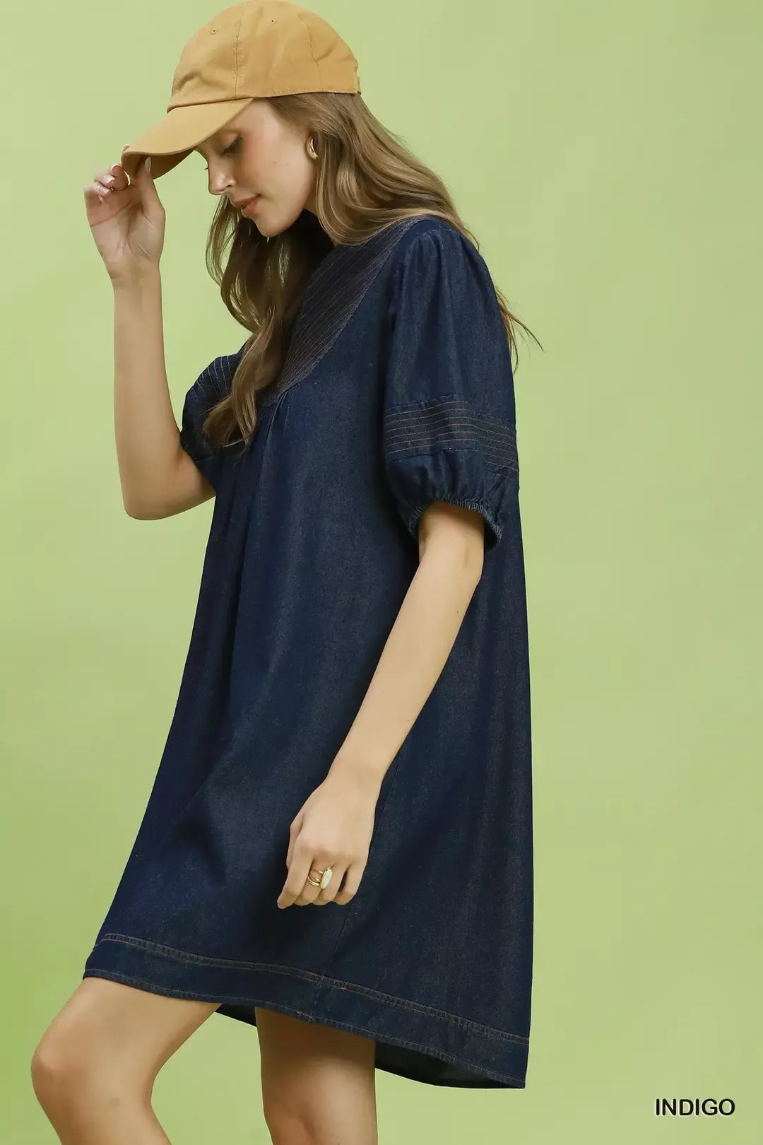Umgee Notched Puff Sleeve Mini Dress with Pockets-1