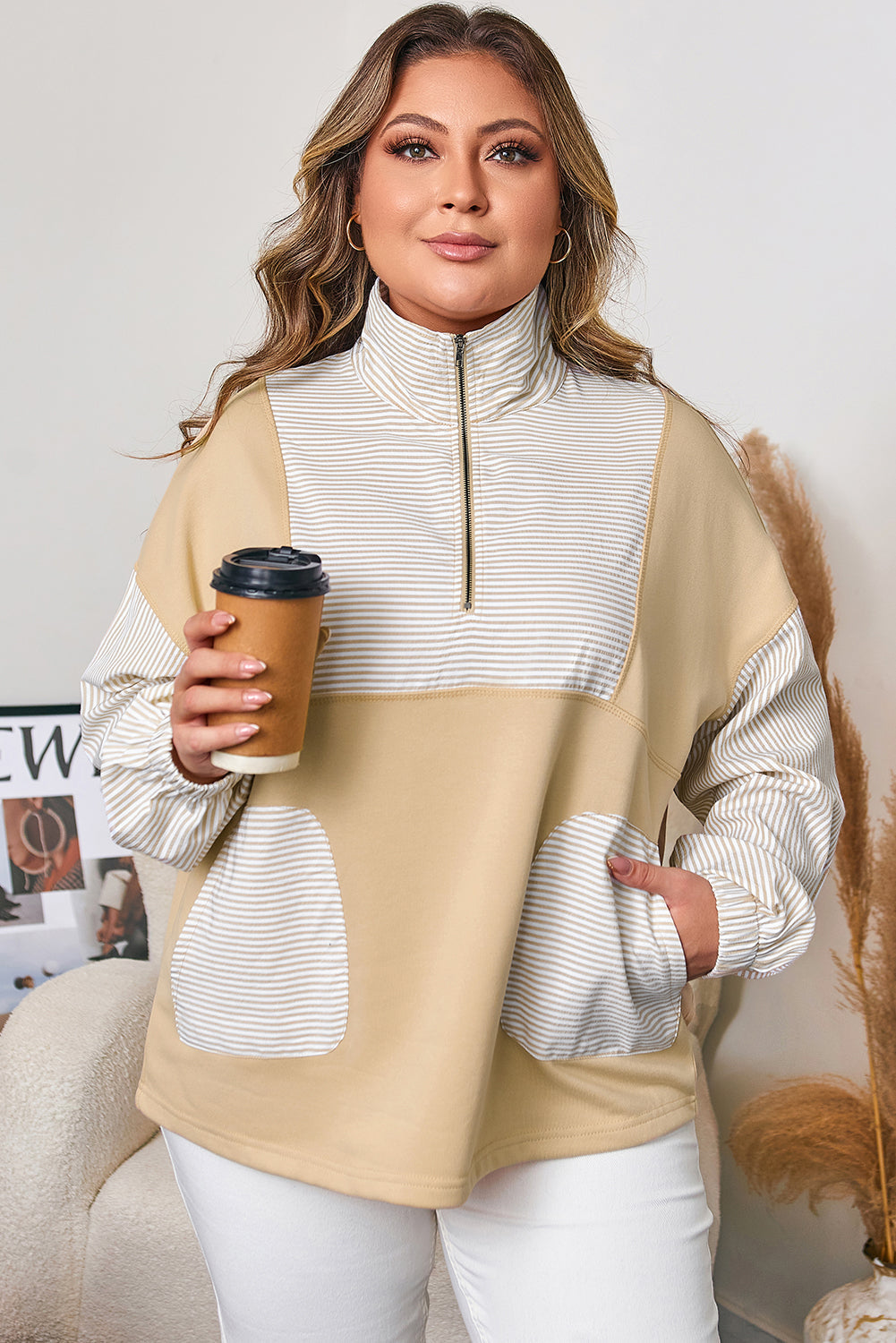 Khaki Stripe Mix Half Zip French Terry Plus Size Sweatshirt-3