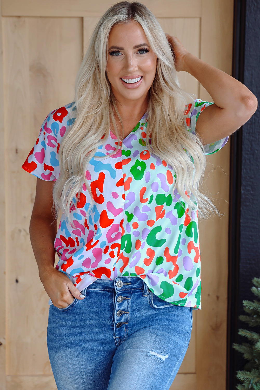 Artemis Leopard V Neck Short Sleeve Blouse