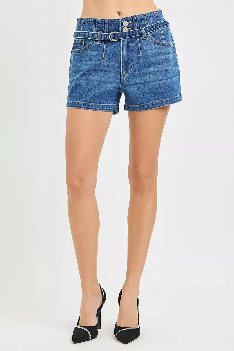 RISEN Double Button Slouchy Denim Shorts with Belt-1