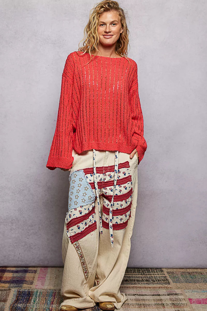 POL Round Neck Long Sleeve Open Weave Sweater-3