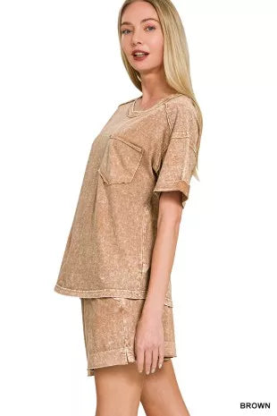 Zenana Halo Snow Washed Exposed Seam Top & Shorts Set-1