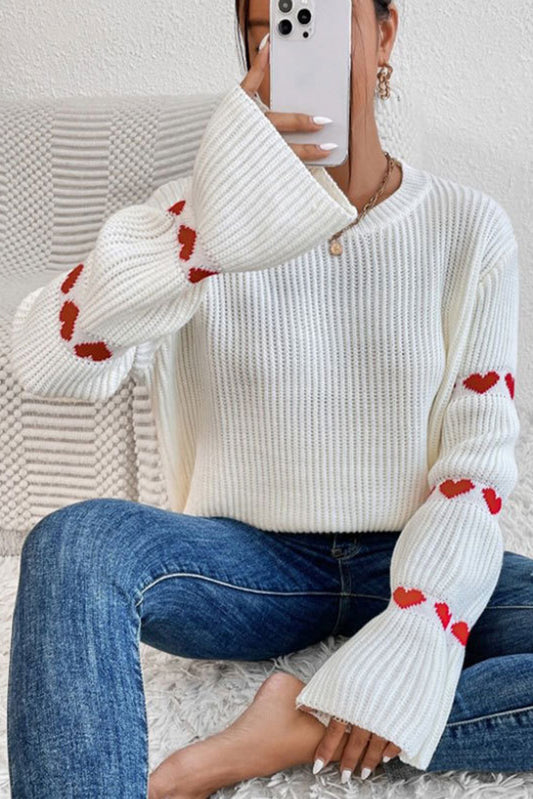 White Heart Shape Bell Sleeve Valentine Sweater