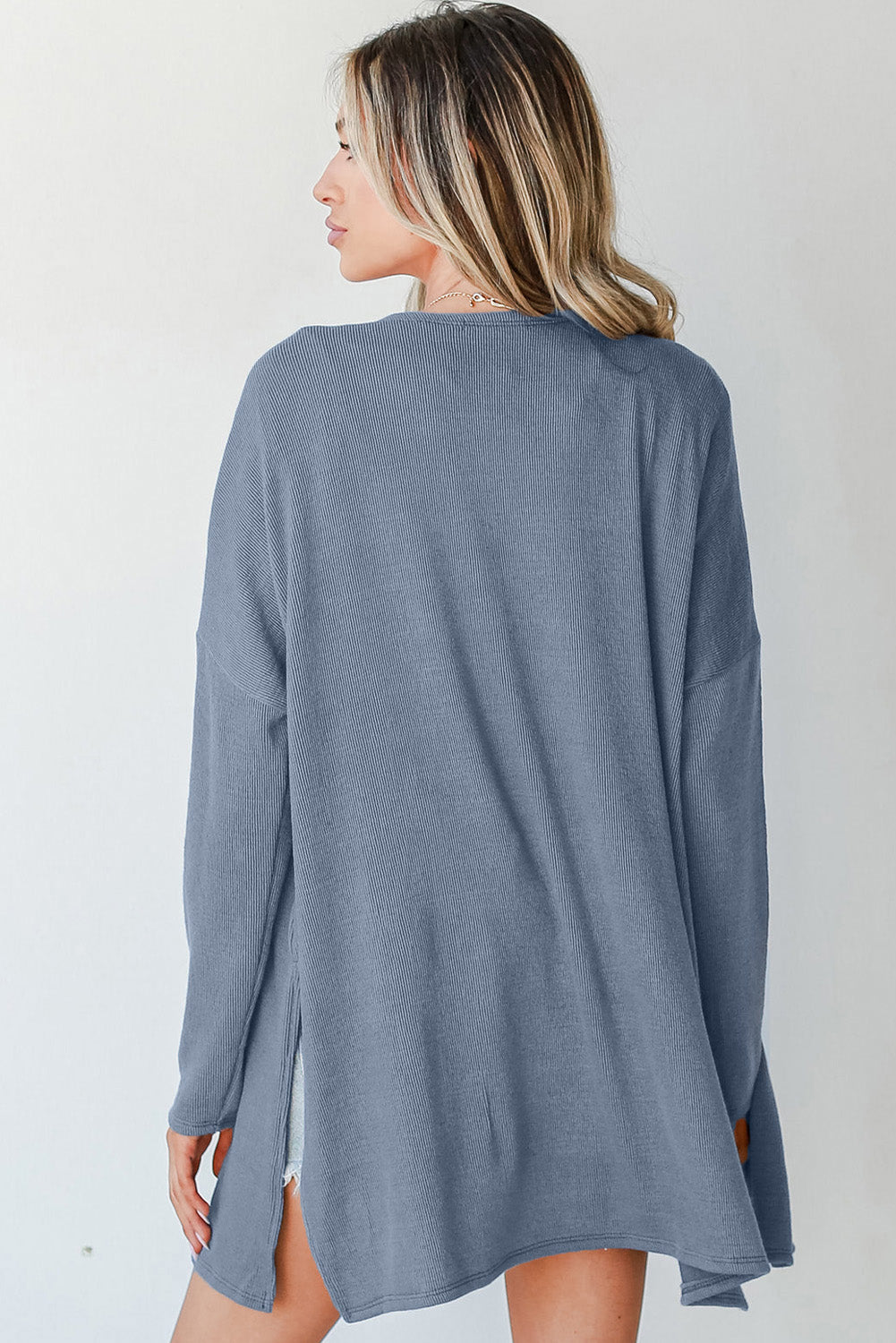 Ashleigh Blue Solid Color Rib Knit Open Front Tunic Cardigan