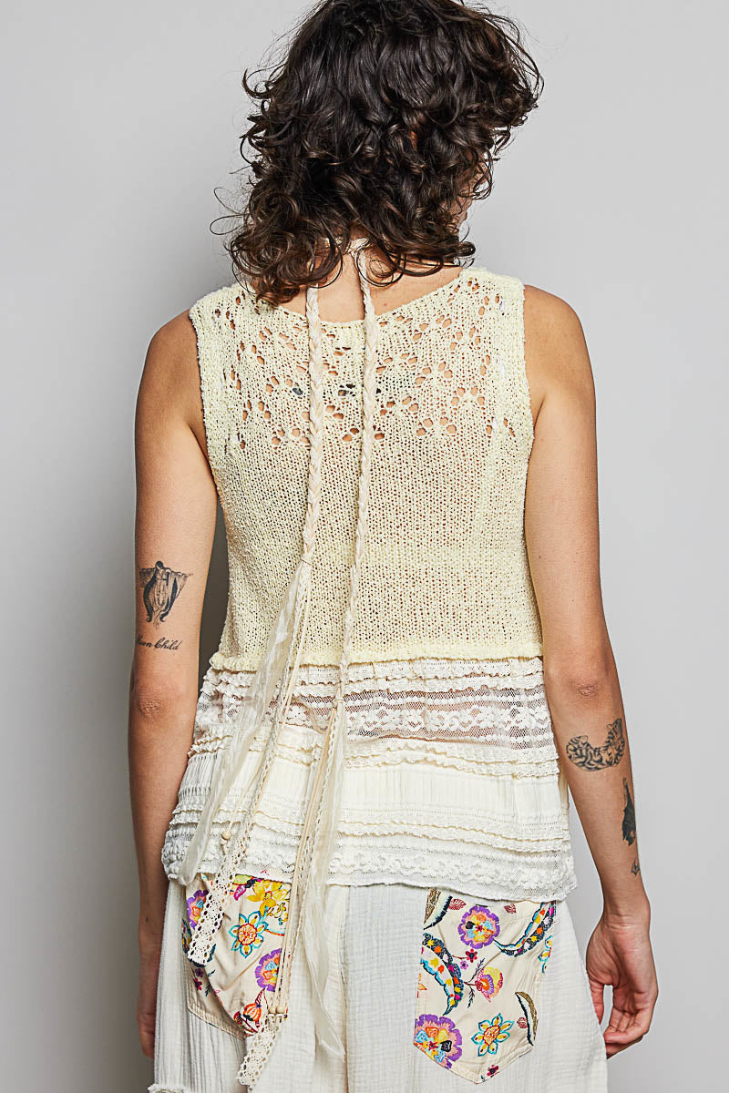 POL V-Neck Crochet Sweater Vest with Lace Trim-3