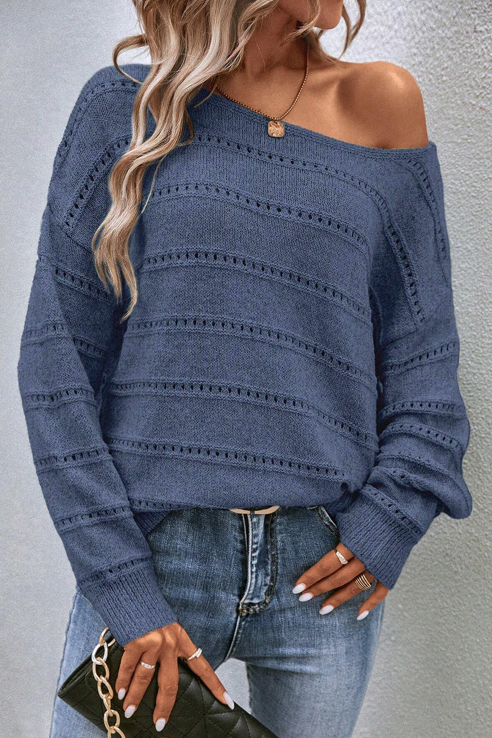 Real Teal Boat Neck Drop Shoulder Pointelle Knit Sweater