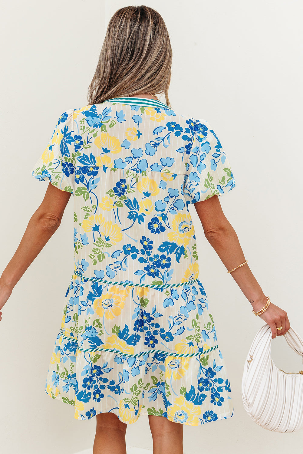 Payton Floral Striped Trim Puff Short Sleeve Dress-1