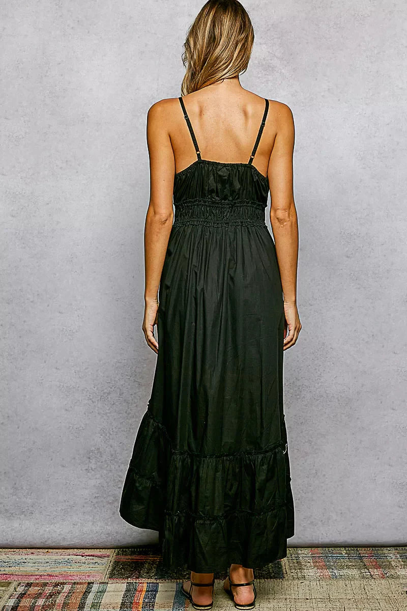 POL Embroidered Detail Tassel Tie Smocked Waist Midi Tiered Cami Dress-4