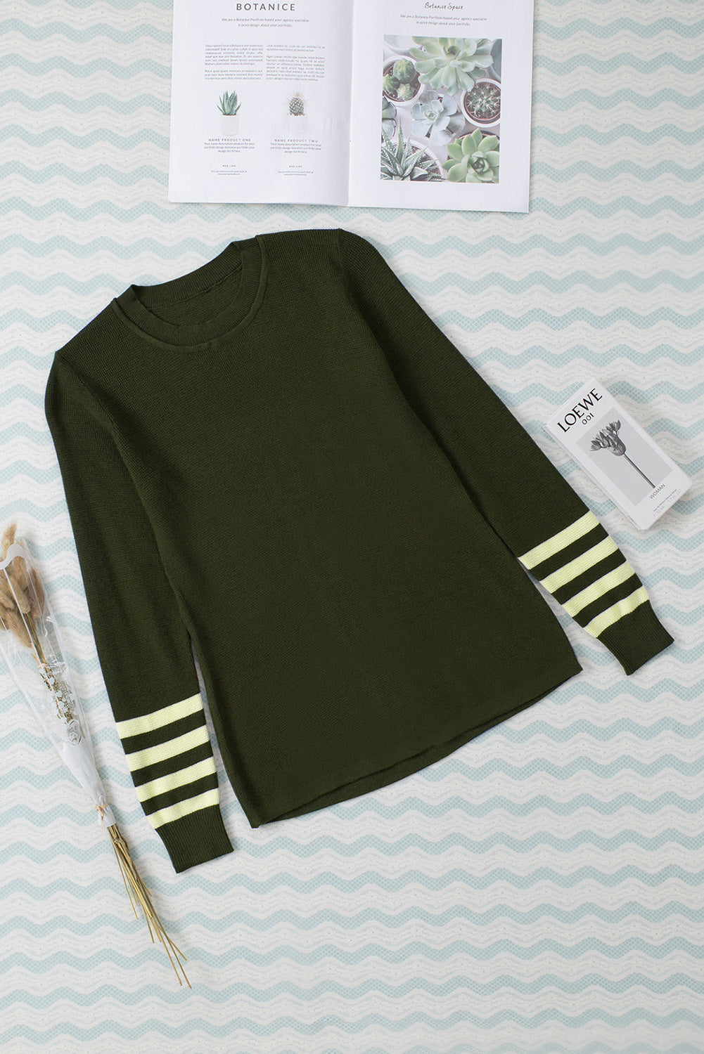 Green Striped Sleeve Plain Knit Sweater