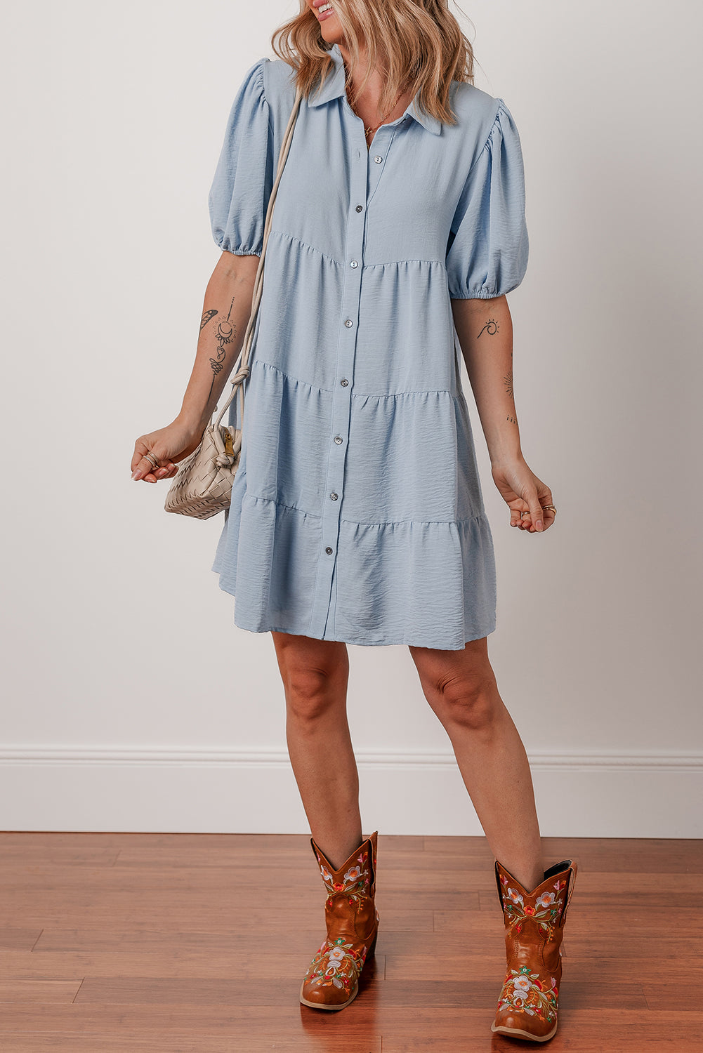 Arya Shirt Collar Button Up Puff Sleeve Tiered Dress-2