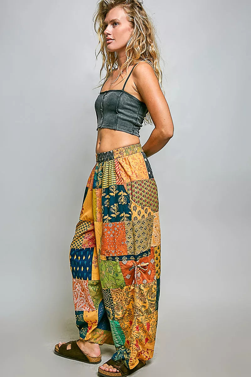 POL Printed Patchwork Wide Leg Pants with Adjustable Side Drawstring-3