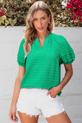 Kalani Textured Puff Short Sleeve Notched V Neck Top-0