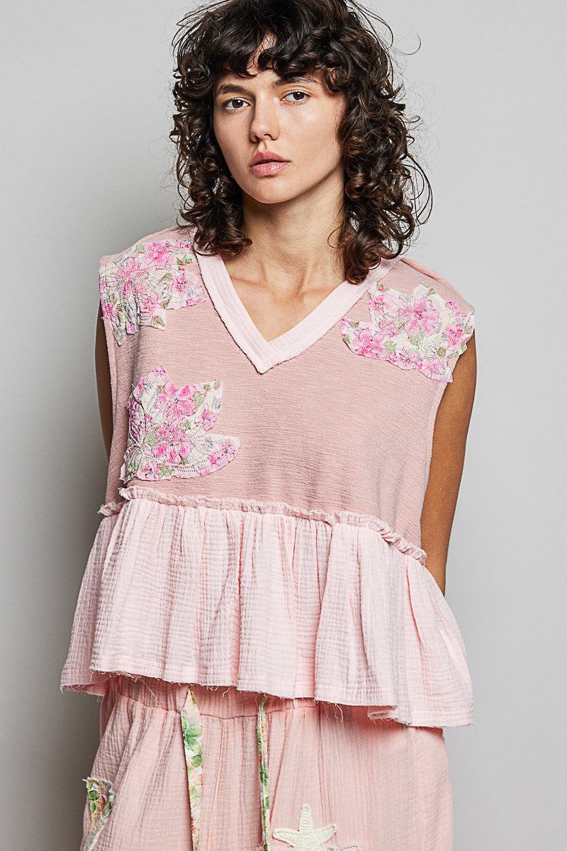 POL Floral Patch Ruffled Sleeveless Top with Raw Edge Detail-1