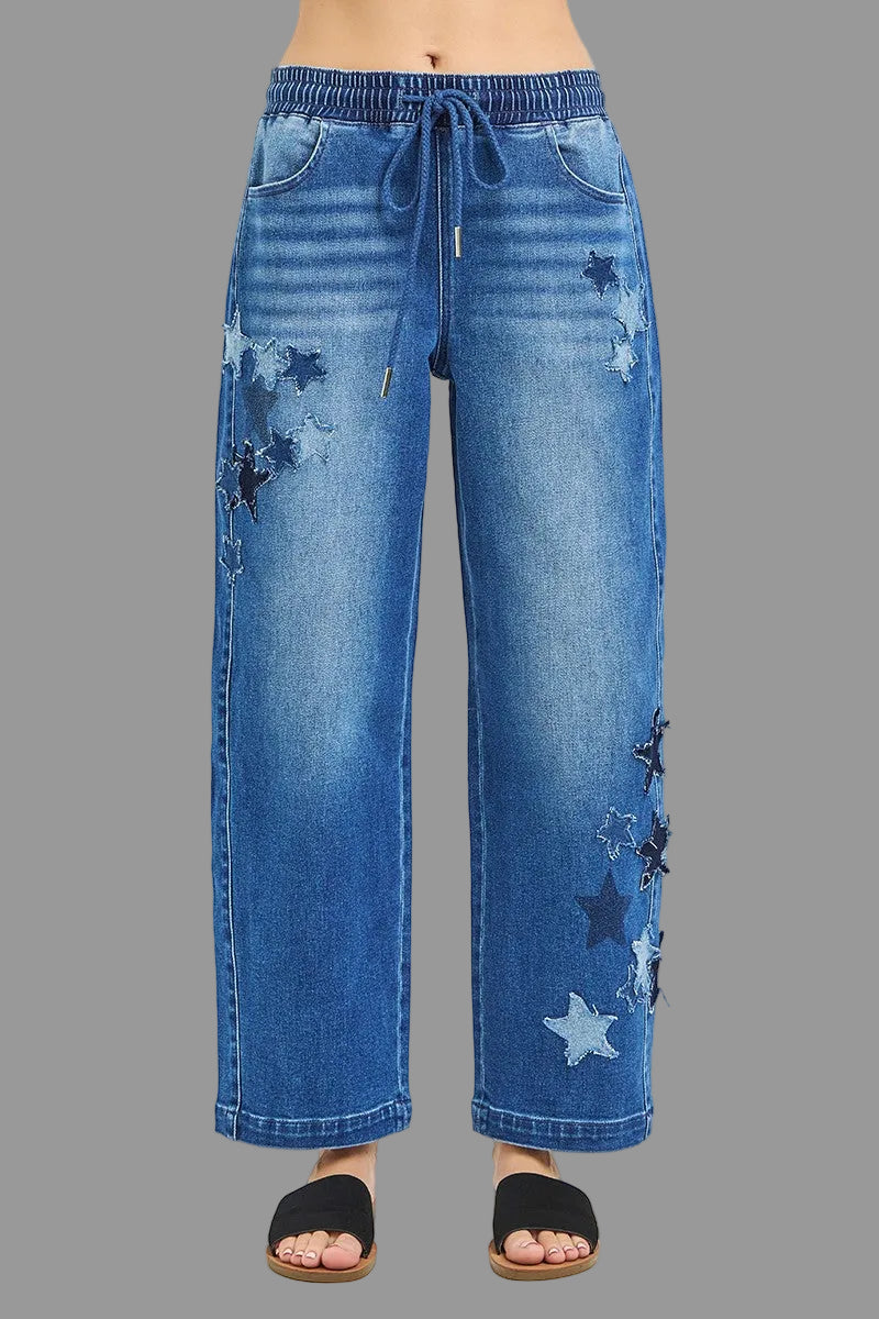 RISEN Elastic Band Slouchy Cropped Barrel with Star Patch-4