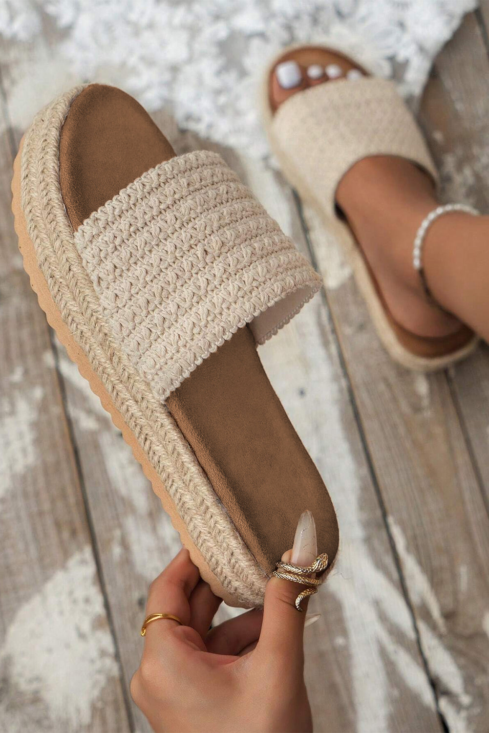 White Boho Woven Non-slip Wedge Slippers-0