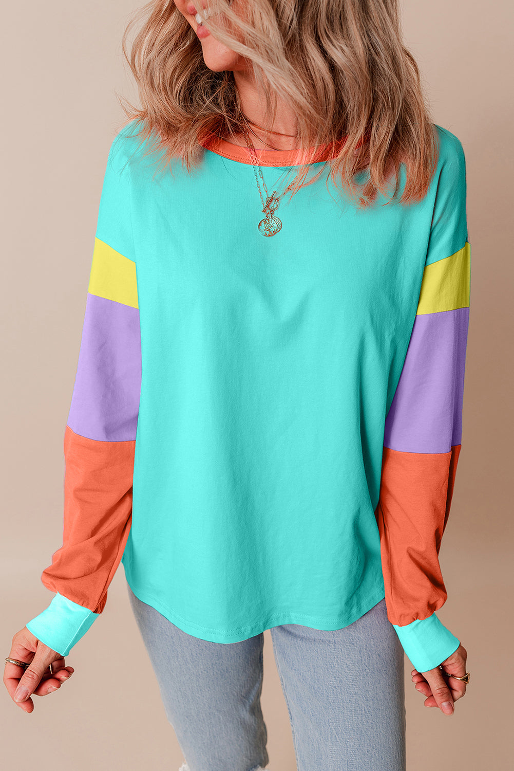 Light Blue Colorblock Patchwork Long Sleeve Loose Top