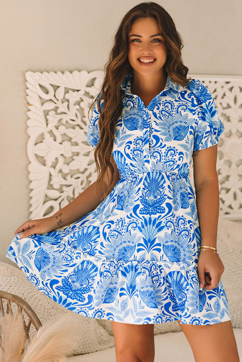 Lilly Floral Drawstring Waist Ruffled Dress-0