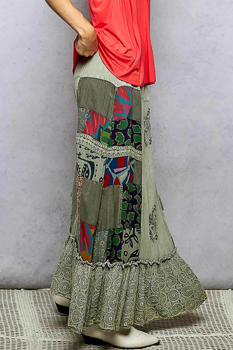 POL Printed Patchwork Embroidered Ruffled Skirt-1