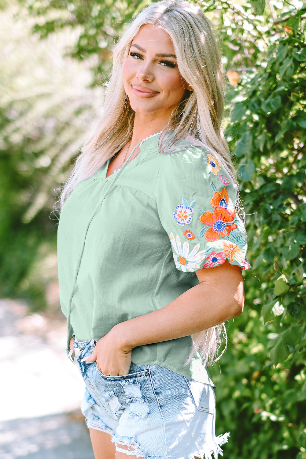 Reya Floral Embroidered Puff Sleeve Split Neck Blouse