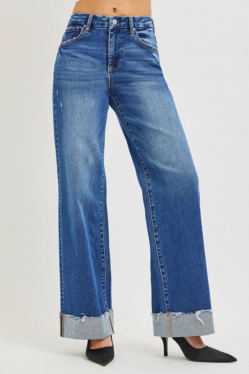 RISEN High Rise Wide Leg Jeans With Cuffed Hem-2
