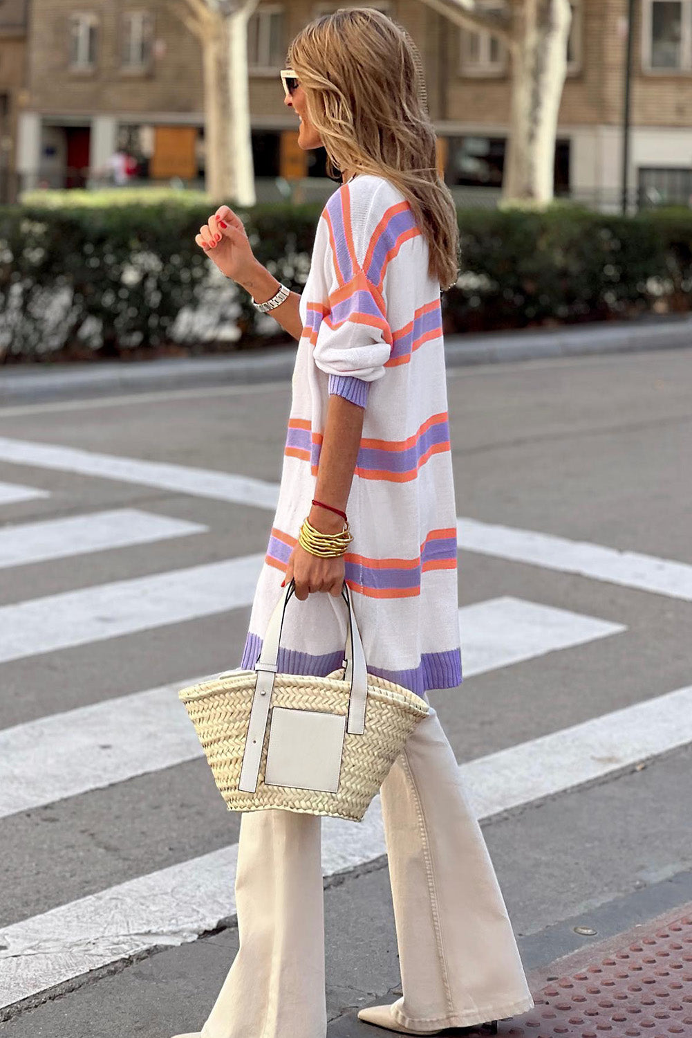 Beige Striped Long Sleeve Ribbed Trim Button Cardigan