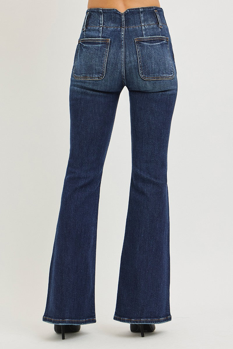 RISEN High Rise Flare Jeans With Seam Detail Waistband-4