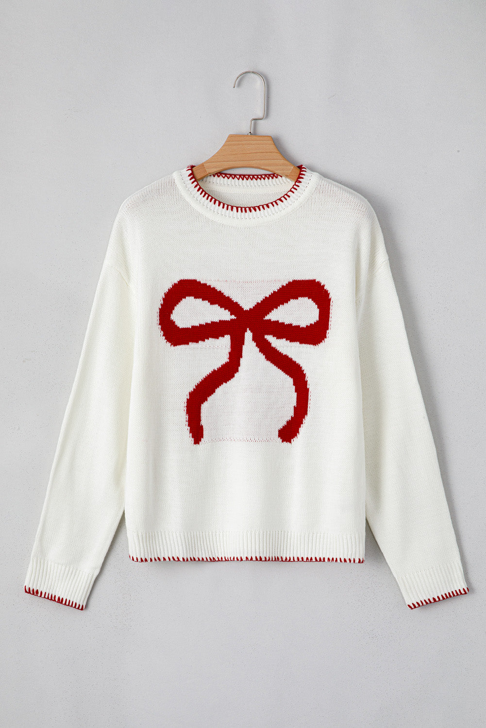 White Bow Pattern Contrast Trim Christmas Loose Graphic Sweater