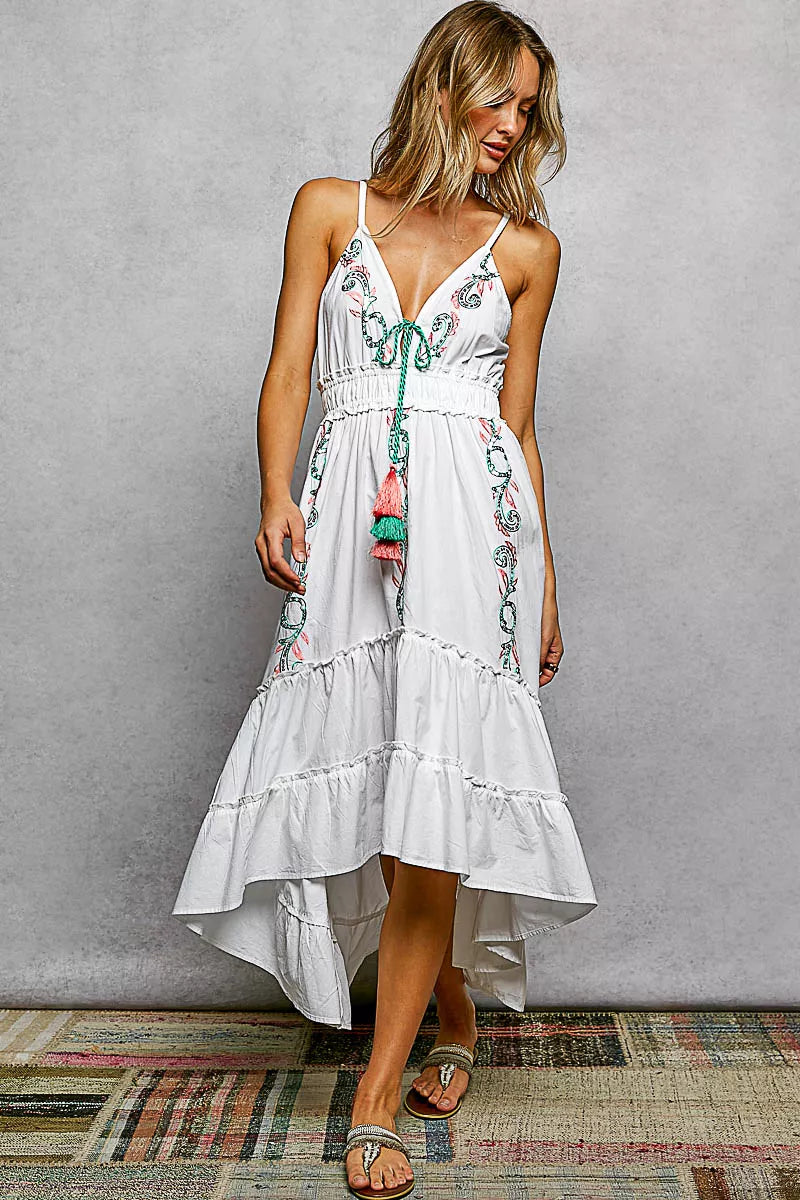 POL Embroidered Detail Tassel Tie Smocked Waist Midi Tiered Cami Dress-2