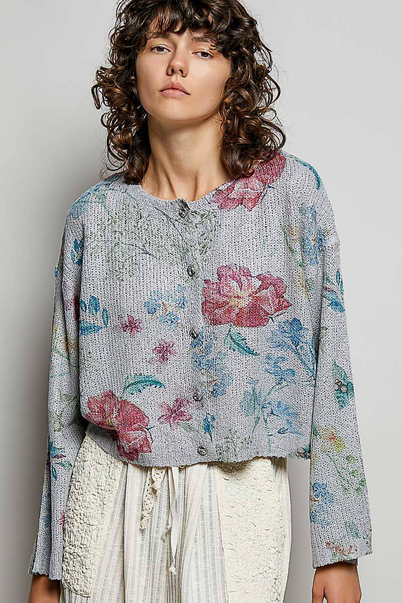 POL Floral Print Button-Down Knit Cardigan-0
