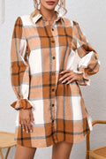 Elise Plaid Pattern Collared Neck Ruffled Sleeve Shirt Dress-0