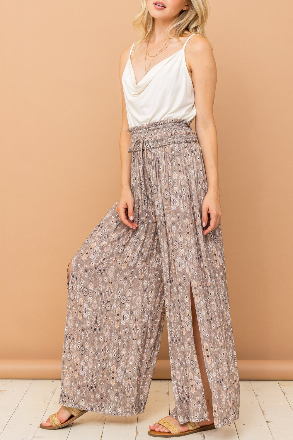 And The Why Printed Smocked Waist Slit Wide Leg Pants-3