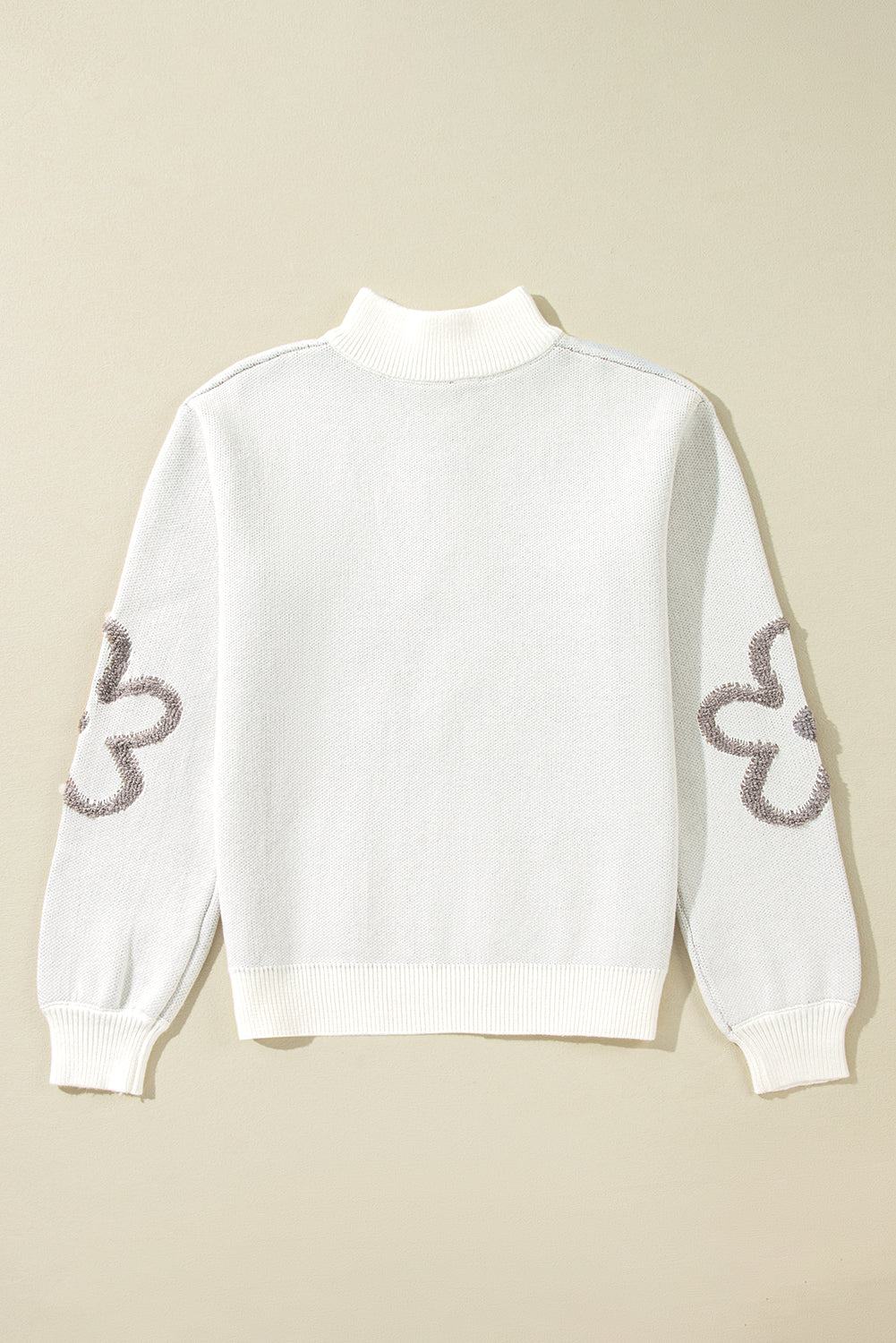 White Contrast Flower Half Zipper Stand Neck Sweater