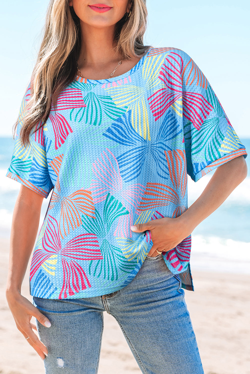 Lilyana Bowknot Waffle Crewneck Loose Short Sleeve Top-0