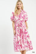Umgee Abstract Print Smocked Tie Waist Midi Dress-0