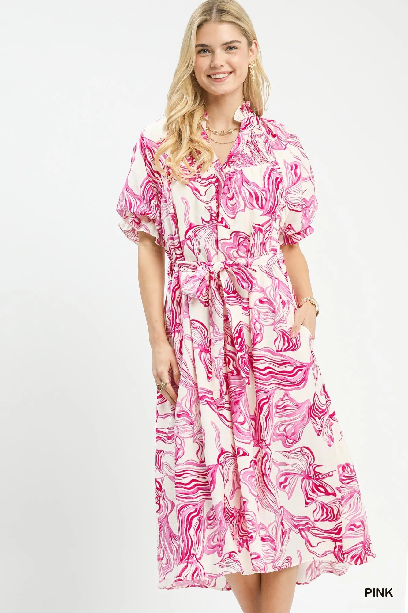 Umgee Abstract Print Smocked Tie Waist Midi Dress-0