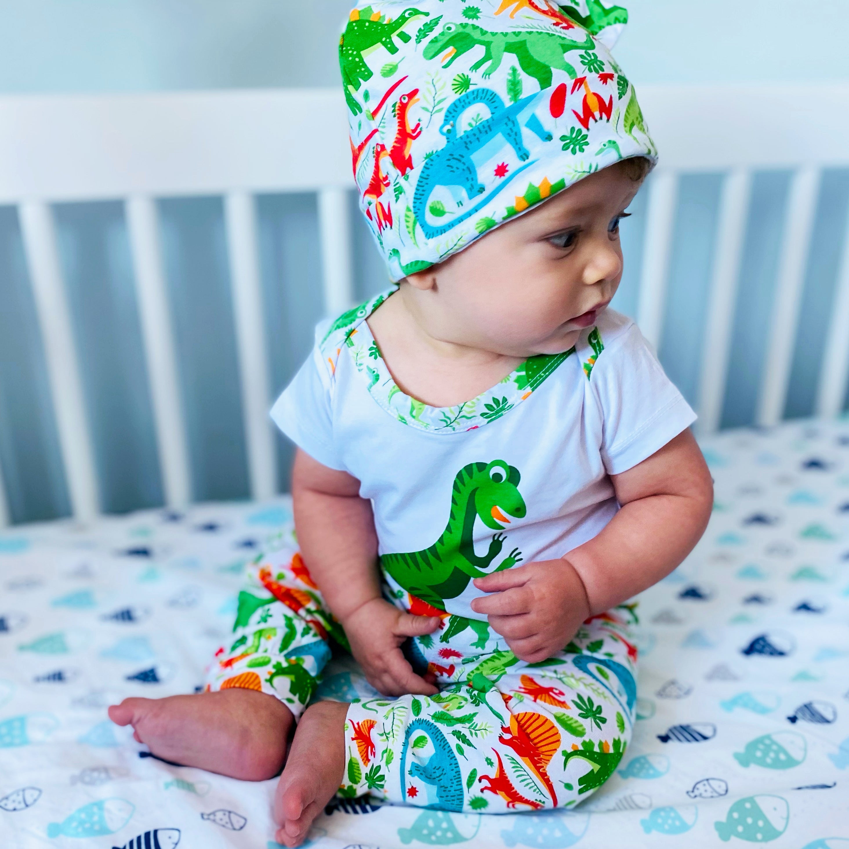 AnnLoren Baby Layette Boys Dinosaur Onesie Pants Cap 3pc Gift Set Clothing Sizes 3M - 18M-3