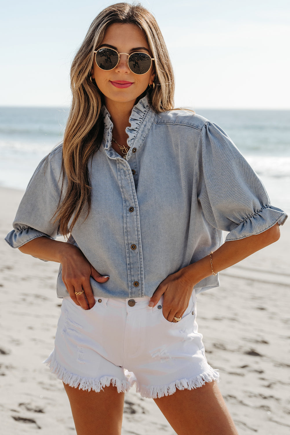 Aya Ruffle Short Puff Sleeve Summer Chambray Top-3