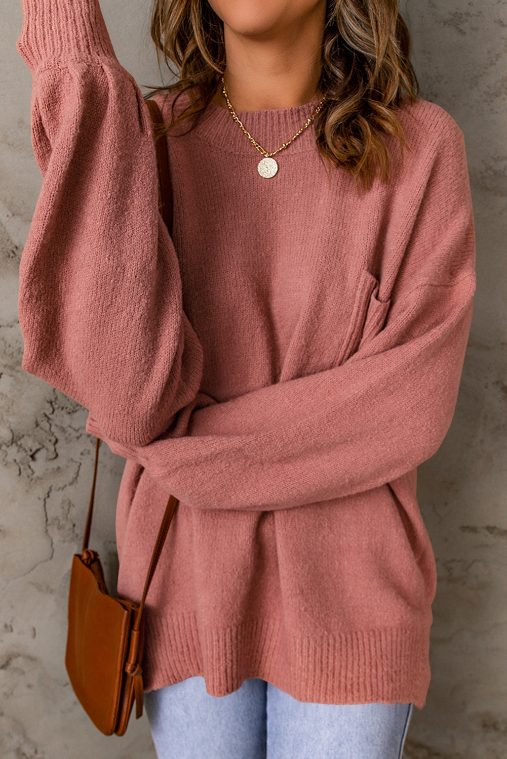 Solid Color Puffy Sleeve Pocketed Sweater