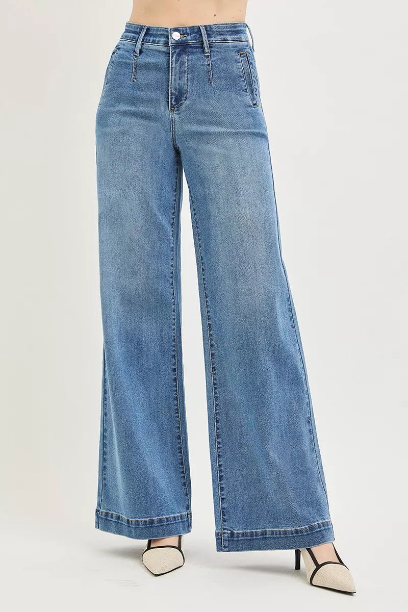 RISEN Tummy Control Elastic Band High Rise Wide Jeans-1
