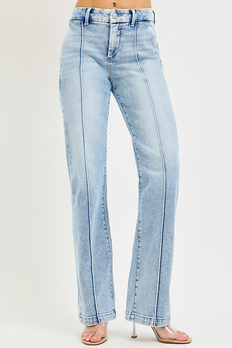 RISEN Tummy Control High Rise Straight Pin Tuck Jeans-0