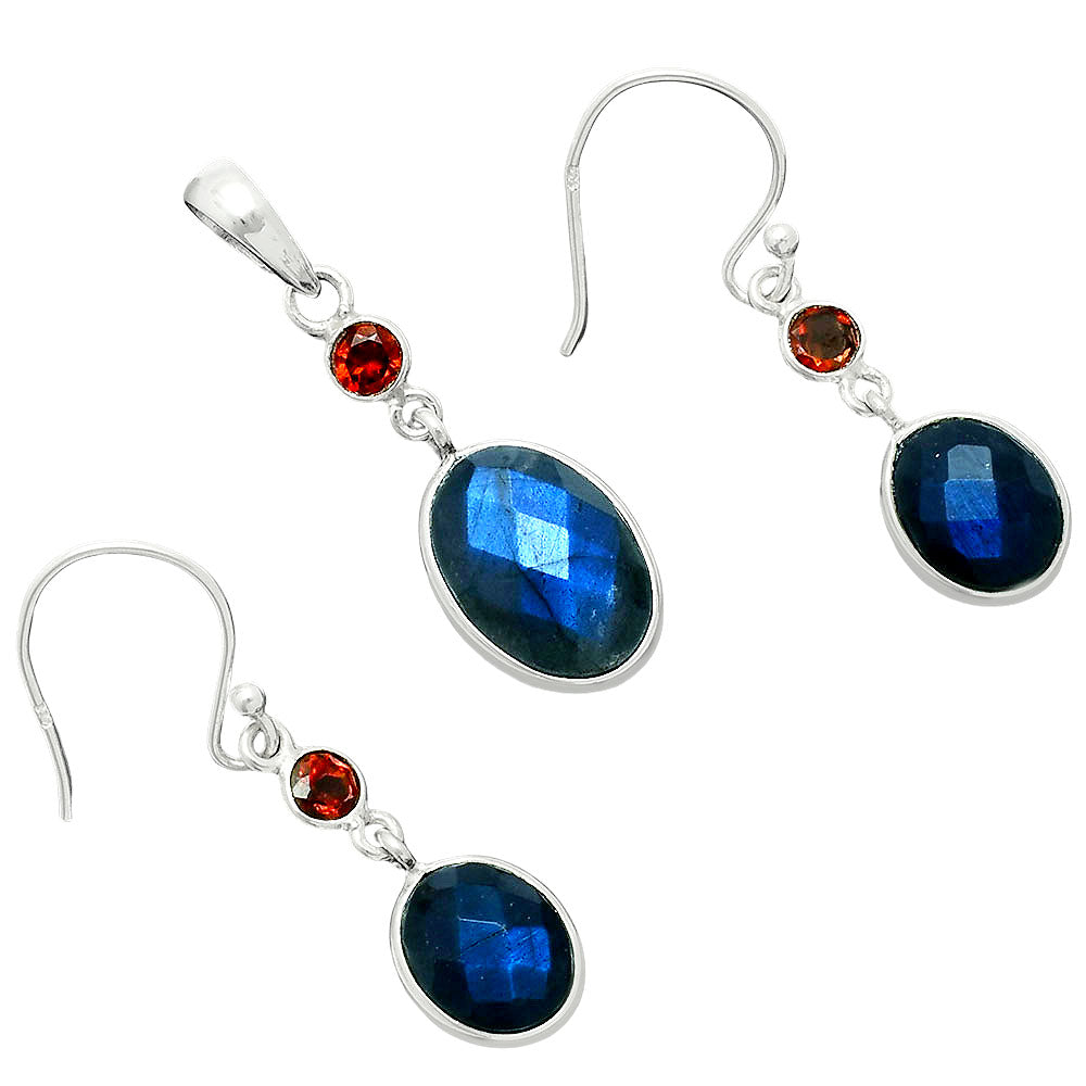 Premium Quality Blue Labradorite & Garnet Pendant Earrings Set T-1010 24-ET10030-0