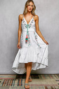 POL Embroidered Detail Tassel Tie Smocked Waist Midi Tiered Cami Dress-0